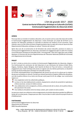 L'art De Grandir 2017 - 2020 Contrat Territorial D’Education Artistique Et Culturelle (Coteac) Communauté D'agglomération Du Libournais (CALI)