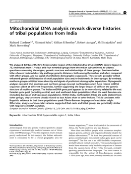 Mitochondrial DNA Analysis Reveals Diverse Histories of Tribal Populations from India