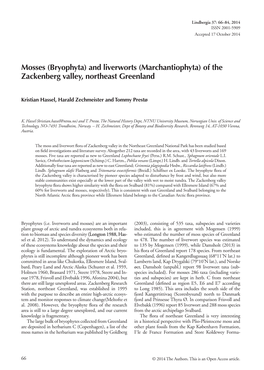And Liverworts (Marchantiophyta) of the Zackenberg Valley, Northeast Greenland