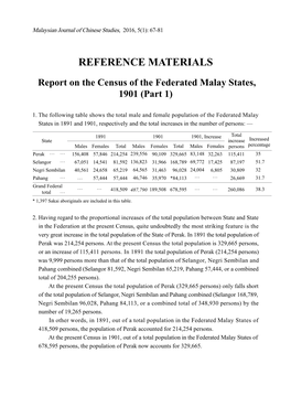 REFERENCE MATERIALS Report on the Census of the Federated Malay
