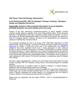 Phd Thesis “Plant Cell Biology / Biomimetics” in the DFG-Funded