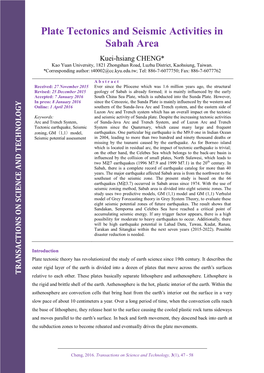 Plate Tectonics and Seismic Activities in Sabah Area