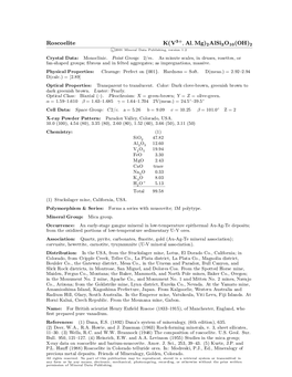 Roscoelite K(V ; Al; Mg)2Alsi3o10(OH)2 C 2001 Mineral Data Publishing, Version 1.2 ° Crystal Data: Monoclinic