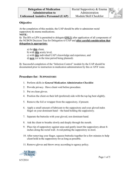 Rectal Suppository & Enema Administration to Administration Unlicensed Assistive Personnel (UAP) Module/Skill Checklist