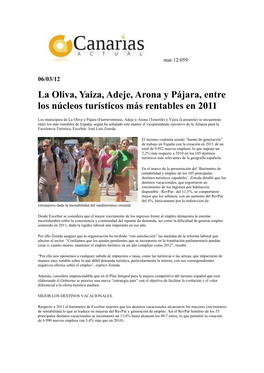La Oliva, Yaiza, Adeje, Arona Y Pájara, Entre Los Núcleos Turísticos Más Rentables En 2011