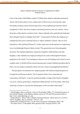 1 Queen Adelaide and the Extension of Anglicanism in Malta Nicholas Dixon Close to the Centre of the Maltese Capital of Vallett