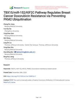 TBX15/Mir-152/KIF2C Pathway Regulates Breast Cancer Doxorubicin Resistance Via Preventing PKM2 Ubiquitination