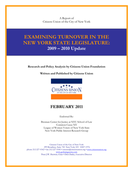 Examining Turnover in the New York State Legislature: 2009-2010 Update," Feb 2011