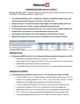 EARNINGS RELEASE: Q4 and FY 2020-21