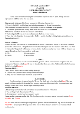 BIOLOGY ASSIGNMENT CLASS IX UNIT II- FLOWERING PLANT Chap 3- the Flower