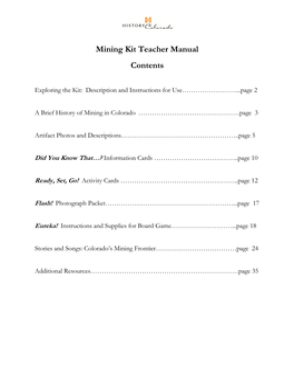 Mining Kit Teacher Manual Contents