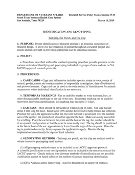 IDENTIFICATION and GENOTYPING Tail Snip, Ear Punch, and Toe Clip