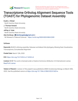 Transcriptome Ortholog Alignment Sequence Tools (TOAST) for Phylogenomic Dataset Assembly