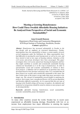 Meeting a Growing Homelessness: How Could Three Swedish Affordable Housing Initiatives Be Analysed from Perspectives of Social and Economic Sustainability?