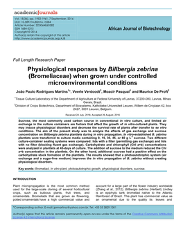 Physiological Responses by Billbergia Zebrina (Bromeliaceae) When Grown Under Controlled Microenvironmental Conditions