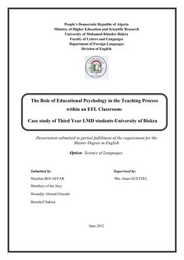The Role of Educational Psychology in the Teaching Process Within an EFL Classroom