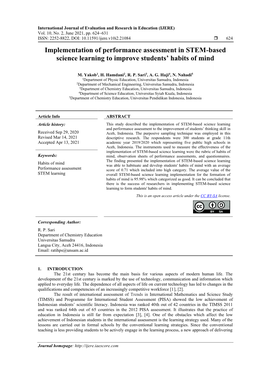 Implementation of Performance Assessment in STEM-Based Science Learning to Improve Students’ Habits of Mind