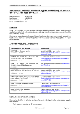 SSA-434534: Memory Protection Bypass Vulnerability in SIMATIC S7-1200 and S7-1500 CPU Families