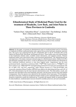 Ethnobotanical Study of Medicinal Plants Used for the Treatment of Headache, Low Back, and Joint Pains in Three Provinces in Cambodia