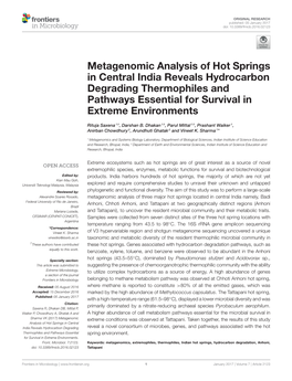 Metagenomic Analysis of Hot Springs in Central India Reveals Hydrocarbon Degrading Thermophiles and Pathways Essential for Survival in Extreme Environments