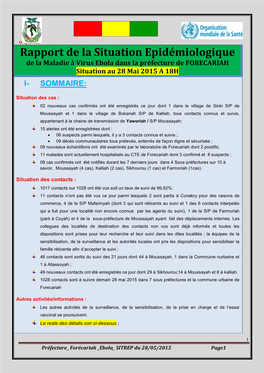 Rapport De La Situation Epidémiologique De La Maladie À Virus Ebola Dans La Préfecture De FORECARIAH Situation Au 28 Mai 2015 a 18H I- SOMMAIRE