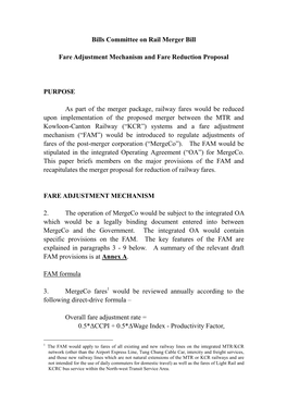 Bills Committee on Rail Merger Bill Fare Adjustment Mechanism and Fare Reduction Proposal PURPOSE As Part of the Merger Package