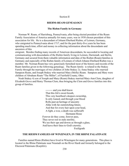 Section II RIEHM−REAM GENEALOGY the Riehm Family in Germany Norman W. Ream, of Harrisburg, Pennsylvania, After Being Elected P