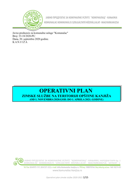 Operativni Plan Zimske Službe Na Teritoriji Opštine Kanjiža (Od 1