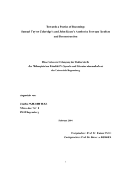 Towards a Poetics of Becoming: Samuel Taylor Coleridge's and John Keats's Aesthetics Between Idealism and Deconstruction