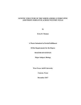 Genetic Structure of the North American Porcupine (Erethizon Dorsatum) Across Western Texas