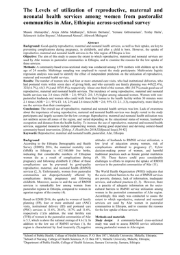 The Levels of Utilization of Reproductive, Maternal and Neonatal Health Services Among Women from Pastoralist Communities in Afar, Ethiopia: Across-Sectional Survey