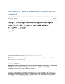 Strategic Lawsuits Against Public Participation in the Age of Online Speech: the Relevance of Anti-SLAPP and Anti- Cyberslapp Legislation