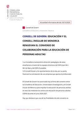 Educación Y El Consell Insular De Menorca Renuevan El Convenio De Colaboración Para La Educación De Personas Adultas
