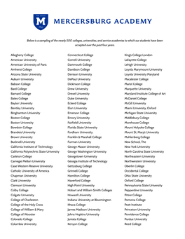 Below Is a Sampling of the Nearly 500 Colleges, Universities, and Service Academies to Which Our Students Have Been Accepted Over the Past Four Years