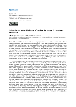 Estimation of Paleo-Discharge of the Lost Saraswati River, North West India