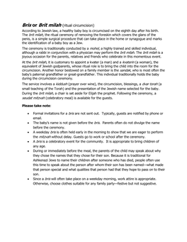 Bris Or Brit Milah (Ritual Circumcision) According to Jewish Law, a Healthy Baby Boy Is Circumcised on the Eighth Day After His Birth