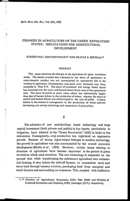 Changes in Agriculture of the Green Revolution States: Implications for Agricultural Development