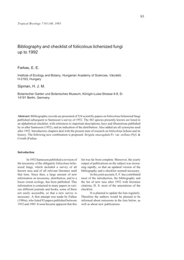 Bibliography and Checklist of Foliicolous Lichenized Fungi up to 1992
