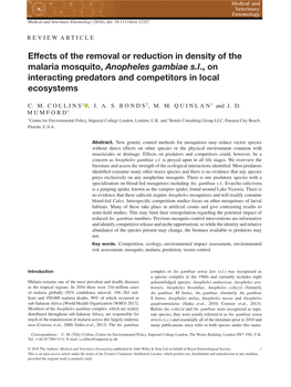 Effects of Removal Or Reduced Density of the Malaria Mosquito, Anopheles