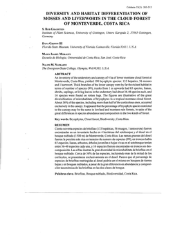 Diversity and Habitat Differentiation of Mosses and Liverworts in the Cloud Forest of Monteverde, Costa Rica S