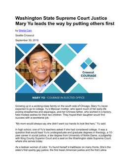 Washington State Supreme Court Justice Mary Yu Leads the Way by Putting Others First by Sheila Cain Seattle Crosscut September 30, 2019