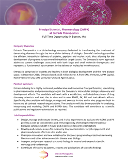 Principal Scientist, Pharmacology (DMPK) at Entrada Therapeutics Full-Time Opportunity in Boston, MA