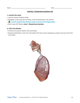 1. Launch the View! • Launch Human Anatomy Atlas. • Navigate to Quizzes/Lab Activities, Find the Respiratory Lab Section