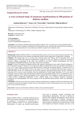 A Cross Sectional Study of Cutaneous Manifestations in 300 Patients of Diabetes Mellitus