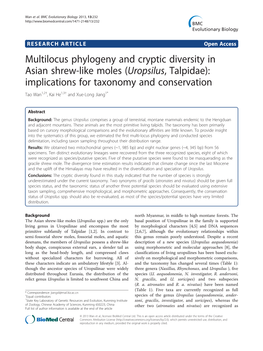 Uropsilus, Talpidae): Implications for Taxonomy and Conservation Tao Wan1,2†, Kai He1,3† and Xue-Long Jiang1*