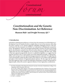 Constitutionalism and the Genetic Non-Discrimination Act Reference Shannon Hale* and Dwight Newman, QC**
