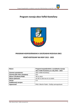 Program Hospodárskeho a Sociálneho Rozvoja Obce Veľké Kostoľany Na Roky 2015 - 2025