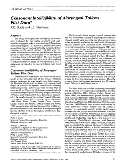 Consonant Intelligibility of Alaryngeal Talkers: Pilot Data* P.C