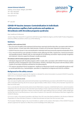 COVID-19 Vaccine Janssen: Contraindication in Individuals with Previous Capillary Leak Syndrome and Update on Thrombosis with Thrombocytopenia Syndrome
