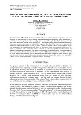 Study of Rare Earth Elements, Uranium and Thorium Migration in Rocks from Espinharas Uranium Deposit, Paraiba - Brazil